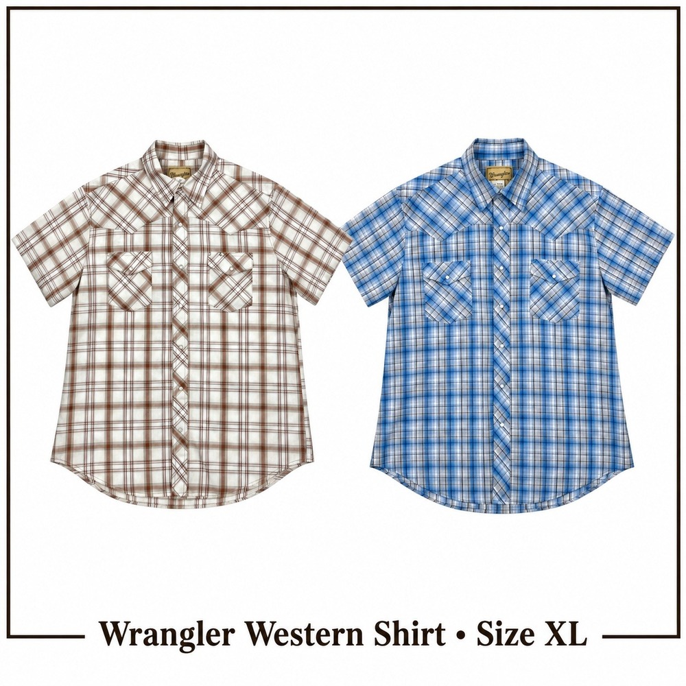 Wrangler Western Shirt Mens XL Blue Brown Plaid Pearl Snap Cowboy Rodeo Lot of 2